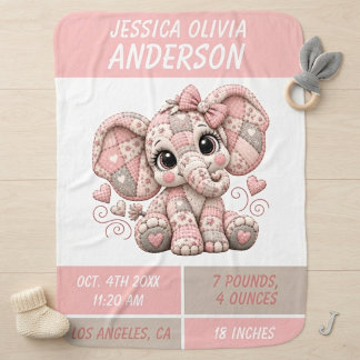 Pink Quilted Girl Elephant Birth Keepsake Baby Blanket