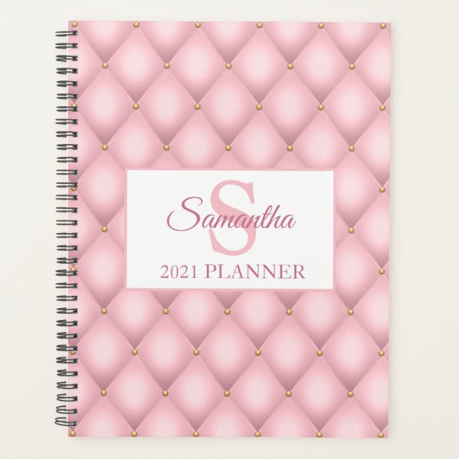 Pink Quilted Pattern Monogram Luxury Planner (Front)