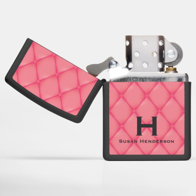 Pink Quilted Vinyl Look With Monogram Zippo Lighter (Opened)