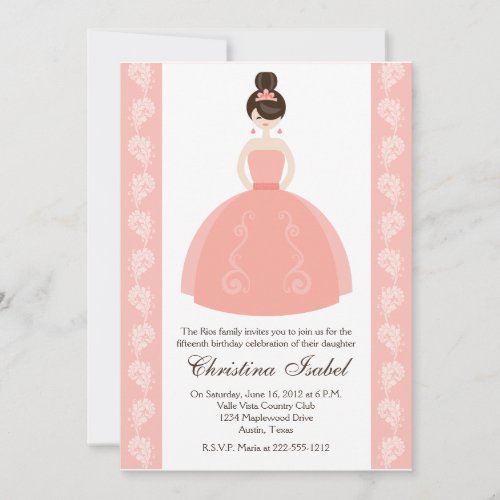 Pink Quince Dress Brunette Quinceanera Invitations