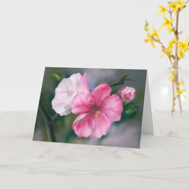 Pink Quince Flowers and Bud Pastel Thinking of You Card (Yellow Flower)