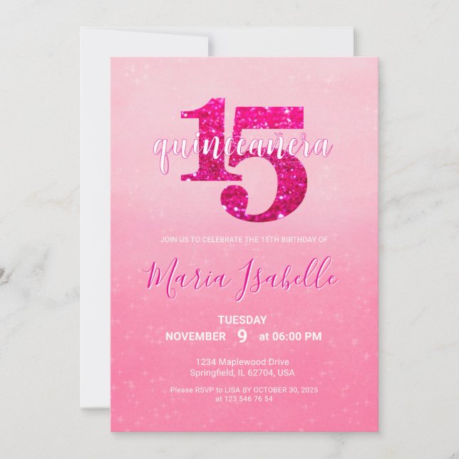 Pink Quinceañera 15th birthday invitation (Front)