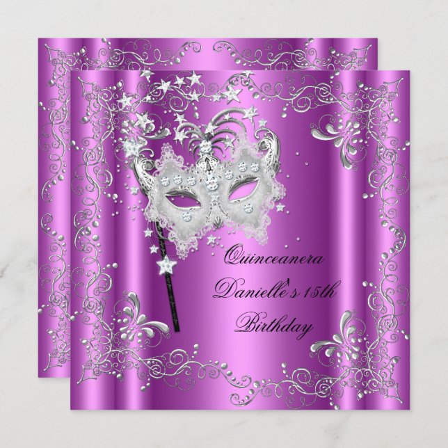 Pink Quinceanera 15th Birthday Party Masquerade Invitation (Front/Back)