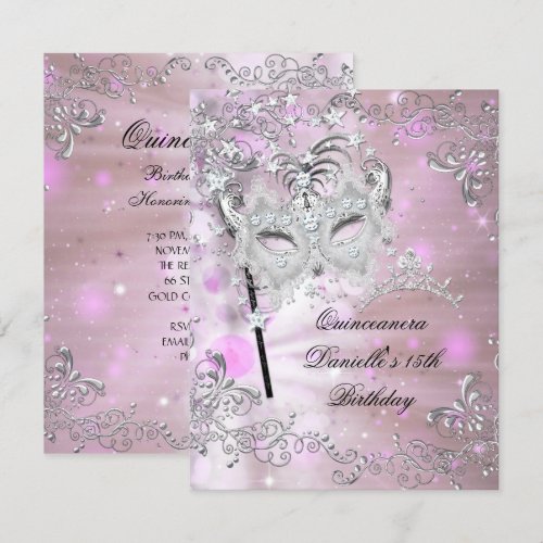 Pink Quinceanera 15th Birthday Tiara Masquerade Custom Invitations