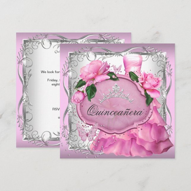 Pink Quinceanera 15th Party Rose Tiara Invitation (Front/Back)