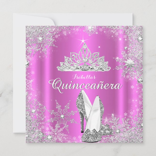 Pink Quinceanera 15th Silver Tiara Birthday Party Invitation (Front)