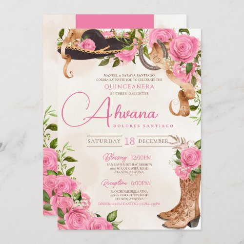 Pink Quinceaera Charro Western Rose Floral Invitation