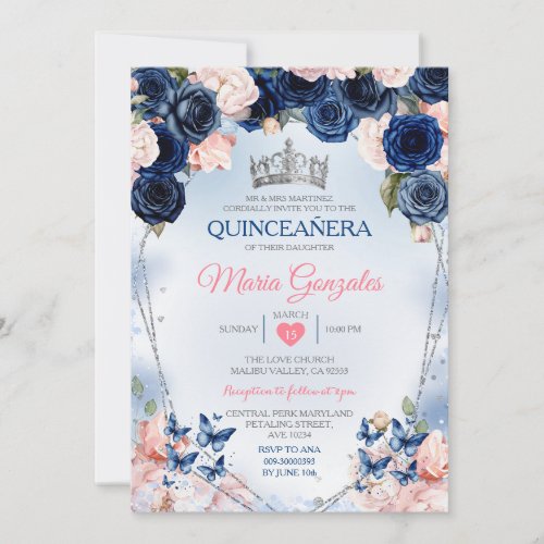 Pink Quinceaera Crown Navy Butterfly 15 Anos Invitation