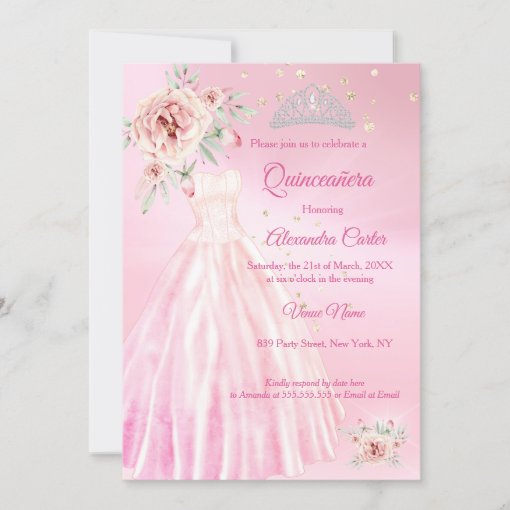 Pink Quinceanera Dress Tiara Floral Birthday Party Invitation | Zazzle