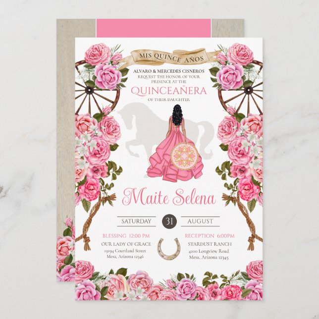 Pink Quinceanera Elegant Rose Western Charra Invitation (Front/Back)