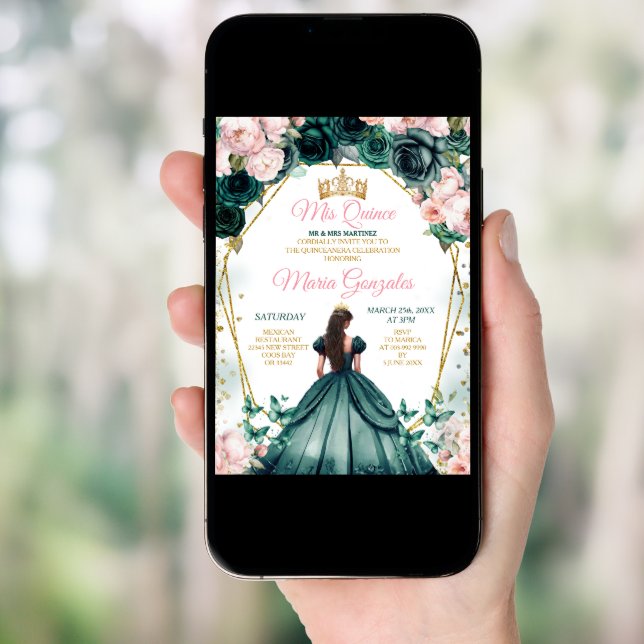 Pink Quinceañera Emerald Green Gold Crown Floral Invitation (Front Digital)