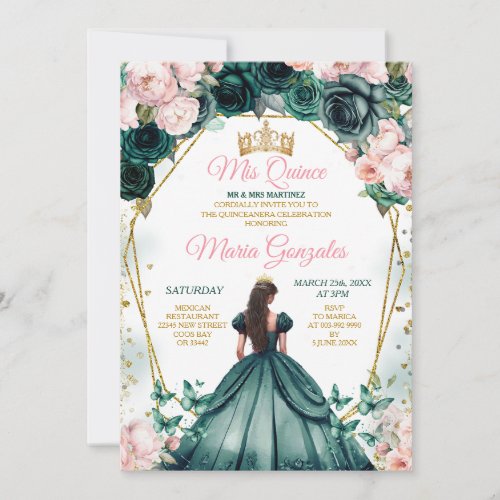 Pink Quinceaera Emerald Green Gold Crown Floral Invitation