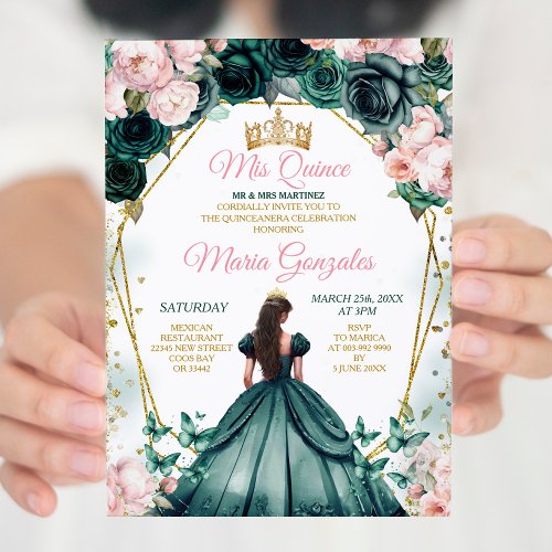 Pink Quinceaera Emerald Green Gold Crown Floral Invitation