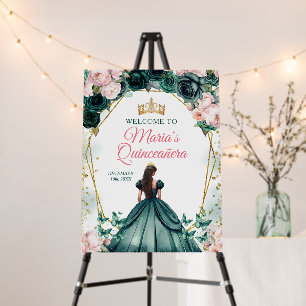 Pink Quinceañera Emerald Green Gold Crown Welcome Foam Board