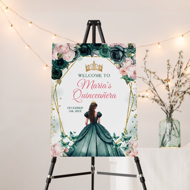 Pink Quinceañera Emerald Green Gold Crown Welcome Foam Board (In Situ (Stand))