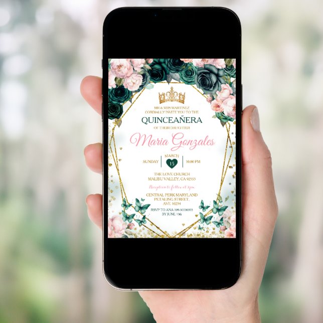 Pink Quinceañera Emerald Green Mexican Butterfly Invitation (Front Digital)