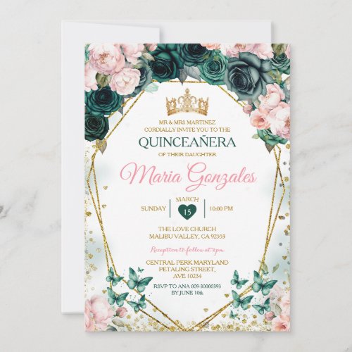Pink Quinceaera Emerald Green Mexican Butterfly Invitation