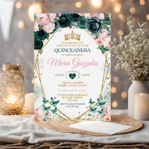 Pink Quinceañera Emerald Green Mexican Butterfly Invitation