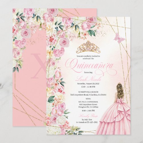 Pink Quinceañera Floral and Gold Glitter Princess Invitation