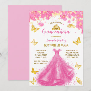 Pink Quinceanera Floral Princess Dress & Tiara Invitation