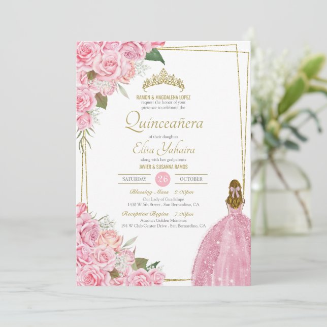 Pink Quinceanera Floral Rose Quince Elegant Dress Invitation (Standing Front)