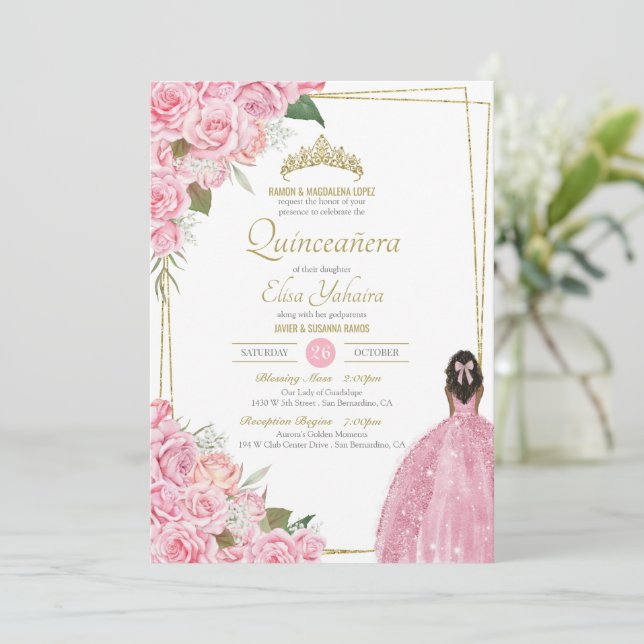Pink Quinceanera Floral Rose Quince Elegant Dress Invitation (Standing Front)