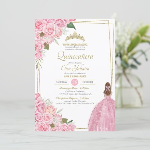 Pink Quinceanera Floral Rose Quince Elegant Dress Invitation