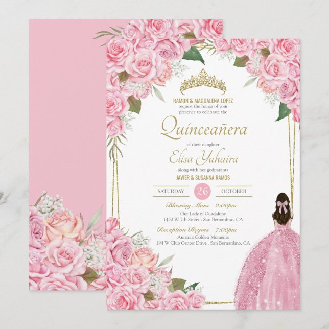 Pink Quinceanera Floral Rose Quince Elegant Gown Invitation (Front/Back)