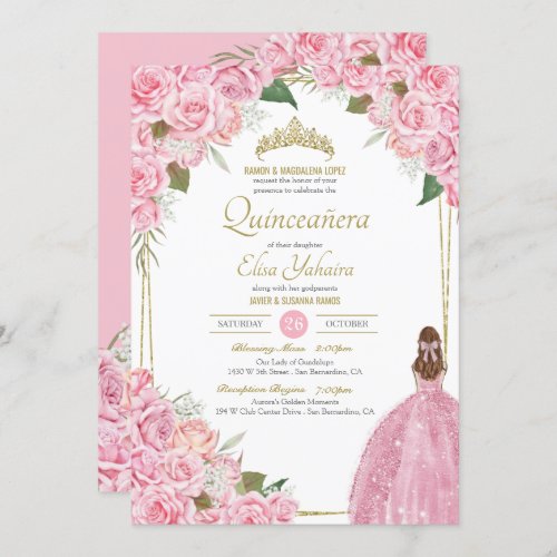 Pink Quinceanera Floral Rose Quince Elegant Gown Invitation