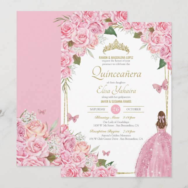 Pink Quinceanera Floral Rose Quince Gown Butterfly Invitation (Front/Back)