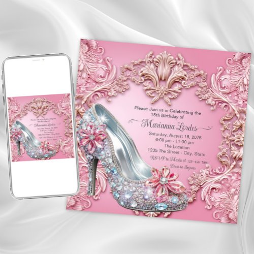 Pink Quinceaera High Heel Shoe Invitation