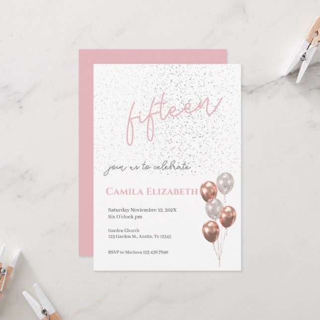 Pink Quinceañera Invitation (Front/Back In Situ)