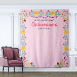 Pink Quinceanera Photo Backdrop Mexican Party<br><div class="desc">Pink Quinceanera photo backdrop, personalized with your name and celebration date. This large pink tapestry is a great size for your photo booth backdrop for taking precious snaps of yourself and your guests. The Mexican Fiesta flowers make a lovely floral frame for your photo background. This design is perfectly suited...</div>