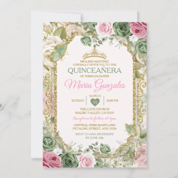 Pink Quinceañera Sage Green Gold Crown Butterfly Invitation by HappyPartyStudio at Zazzle