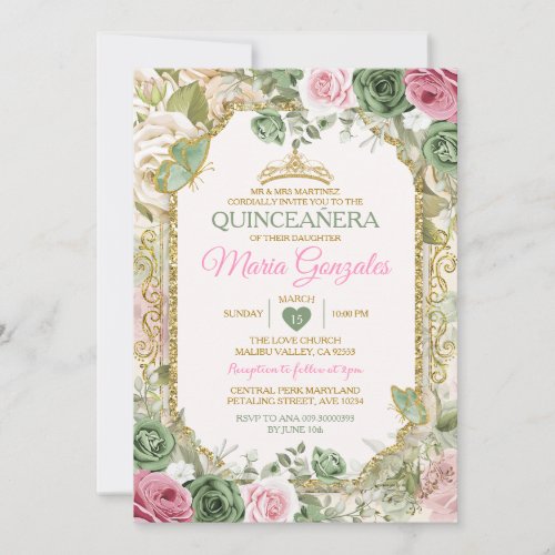 Pink Quinceaera Sage Green Gold Crown Butterfly Invitation