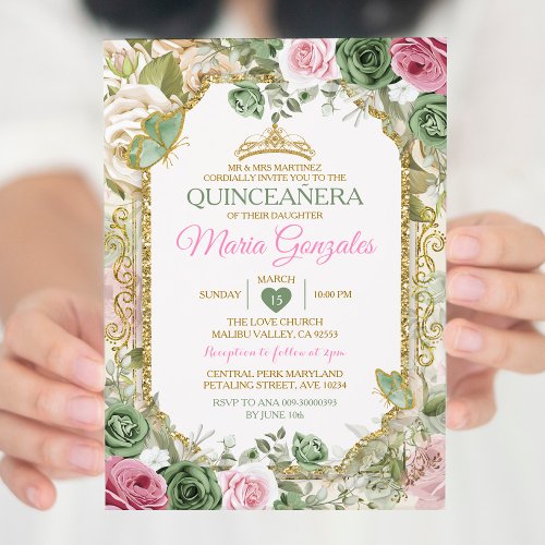 Pink Quinceaera Sage Green Gold Crown Butterfly Invitation