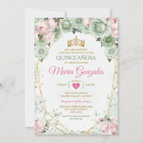 Pink Quinceaera Sage Green Mexican Butterfly Invitation