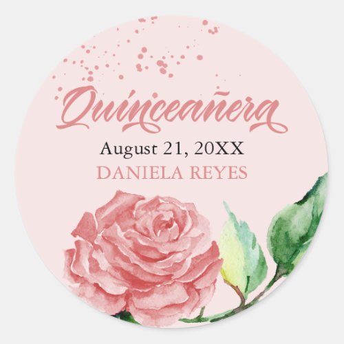 Pink Quinceanera Watercolor Rose Bloom Custom Classic Round Sticker