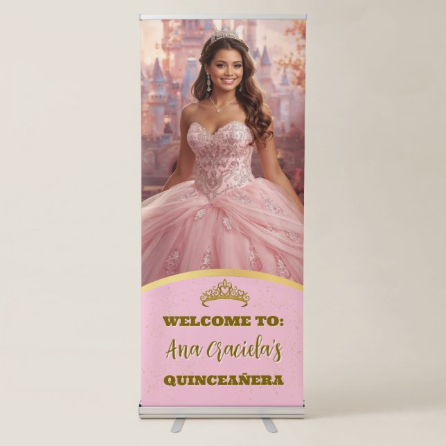 Pink Quinceanera Welcome Photo Template Retractable Banner (Front)