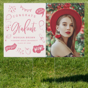 Pink Quirky Doodle Congrats Graduate Photo  Sign