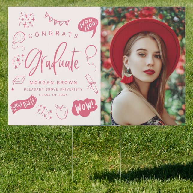 Pink Quirky Doodle Congrats Graduate Photo  Sign (Insitu)