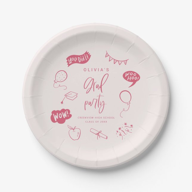 Pink Quirky Grad Icons Graduation Party Paper Plates (Front)
