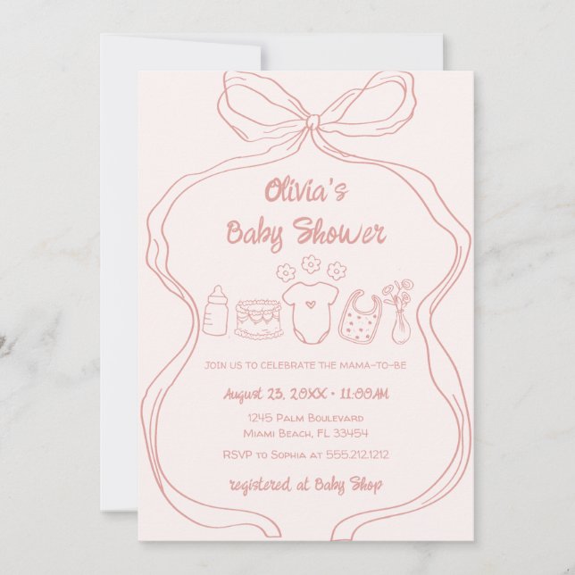 Pink Quirky Hand Drawn Wavy Bow Girl Baby Shower Invitation (Front)