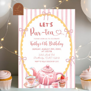 Pink Quirky Illustration Let's Par-Tea Birthday Invitation