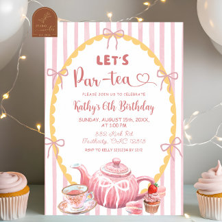Pink Quirky Illustration Let's Par-Tea Birthday Invitation