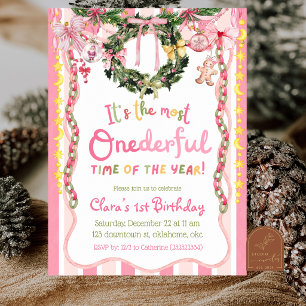 Pink Quirky Party Chain Christmas 1st Birthday Invitation