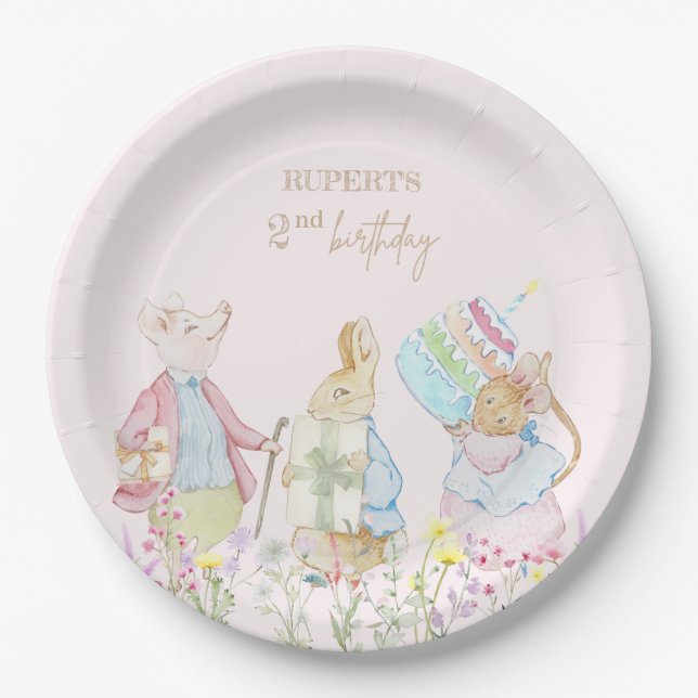 Pink Rabbit 1st Birthday Girl  Paper Plates (Front)
