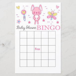 Pink rabbit baby shower bingo card