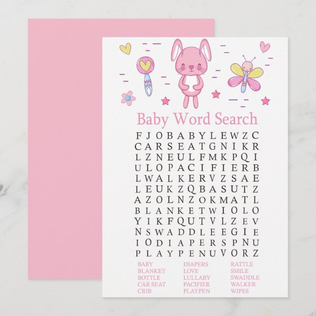 Pink Rabbit Baby Shower Word Search Game Invitation (Front/Back)