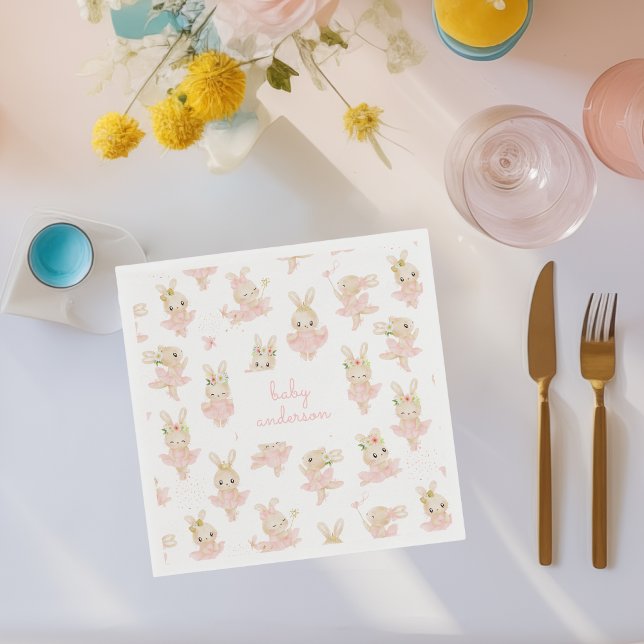 Pink Rabbit Ballerina Tutu Baby Shower Napkins (custom baby shower napkins with watercolor rabbit ballerina illustrations)